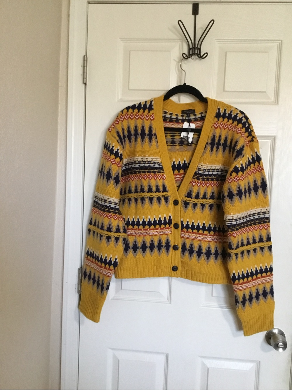 Rag and Bone Willow Fair Isle Wool Cardigan Sweater Women XL Yellow Multi Nordic